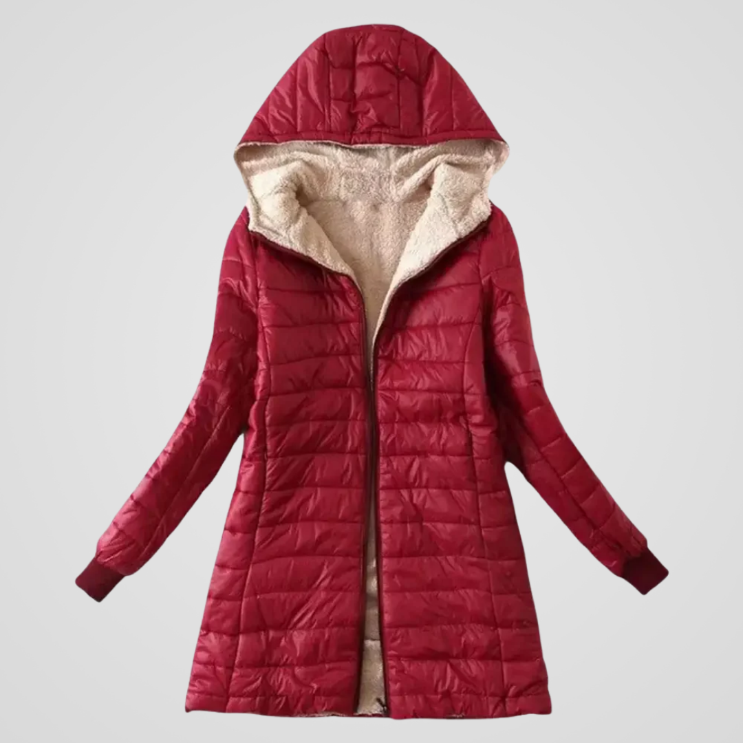 Sherpa-lined winter puffer coat, red, hood with sherpa lining, full-zip front