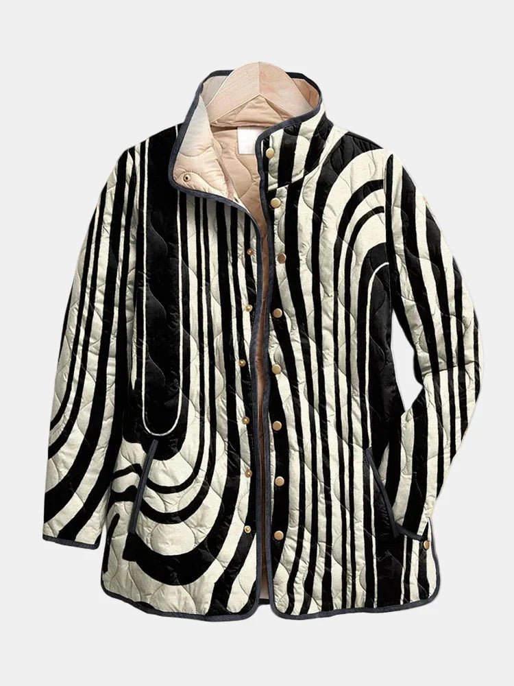 Quilted casual jacket in black and white vertical striped pattern, button front