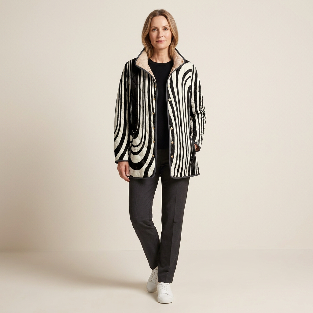 Women's quilted jacket with bold black-and-white geometric print, zip front and side pockets