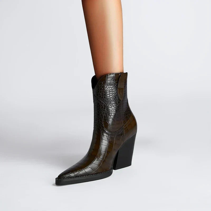 Women’s ankle boots in dark brown with crocodile-texture upper and chunky block heel