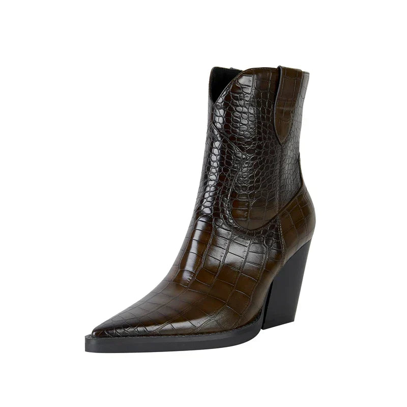 Women’s ankle boots in dark brown with crocodile-texture upper and square block heel