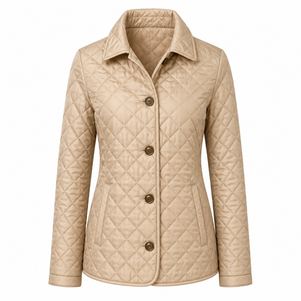Women's diamond-quilted jacket with structured collar, button front, khaki