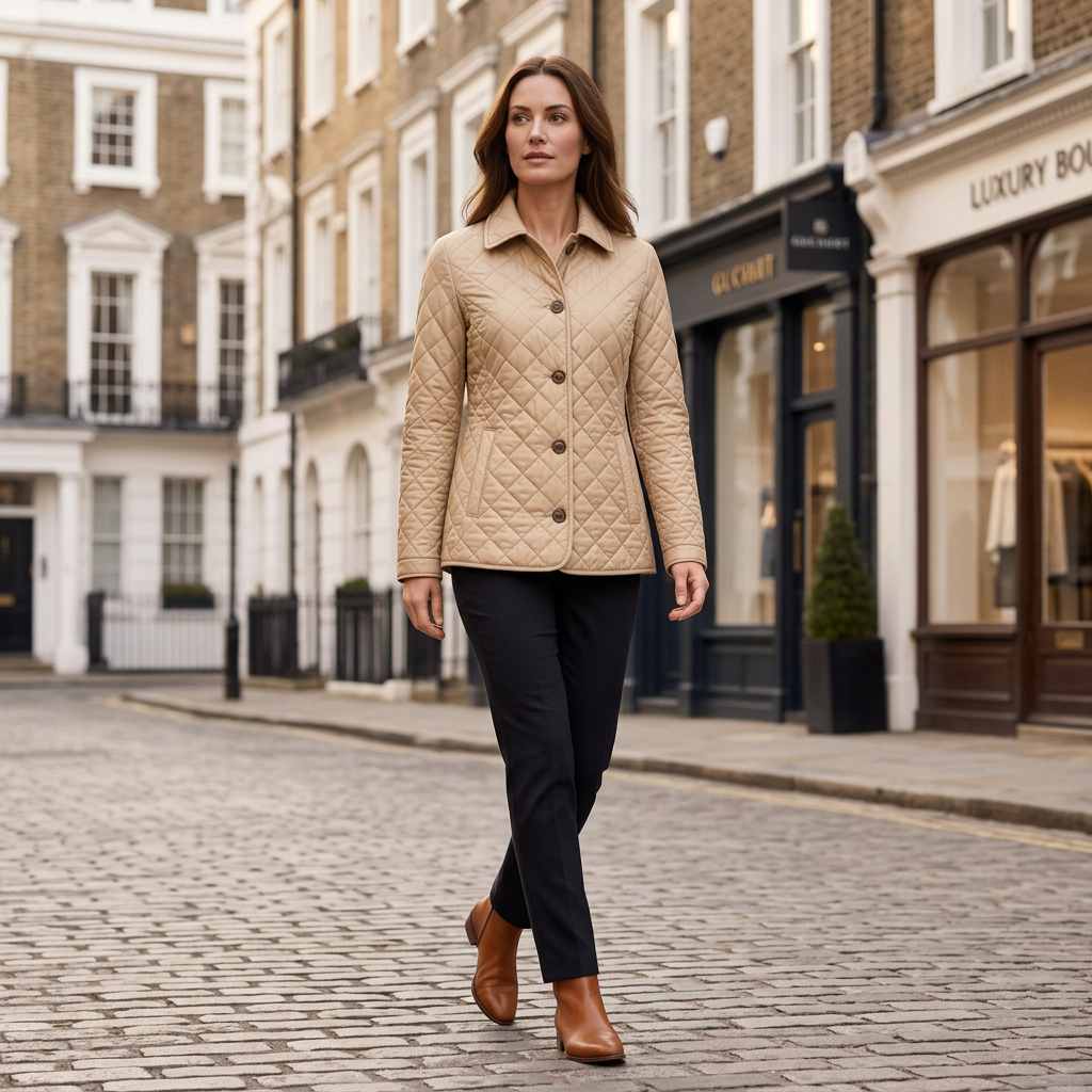 Women's diamond-quilted jacket with structured collar and four-button front, khaki