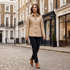 Women's diamond-quilted jacket with structured collar and four-button front, khaki