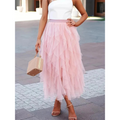 Pink high-waist ruffle tulle skirt with layered tiers, midi length