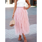 Pink high-waist ruffle tulle skirt with layered tiers, midi length