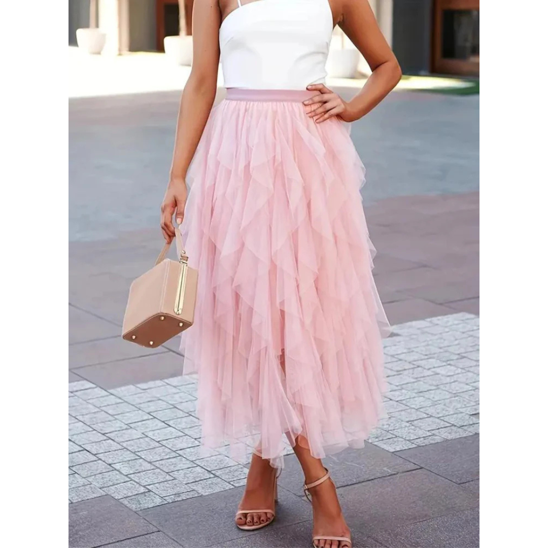Pink high-waist ruffle tulle skirt with layered tiers, midi length