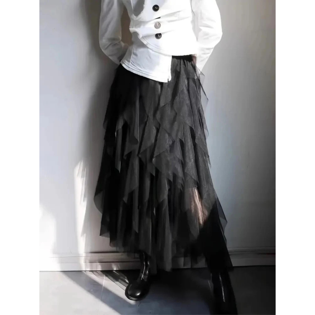 Black high-waist ruffle tulle skirt with layered, pleated tiers