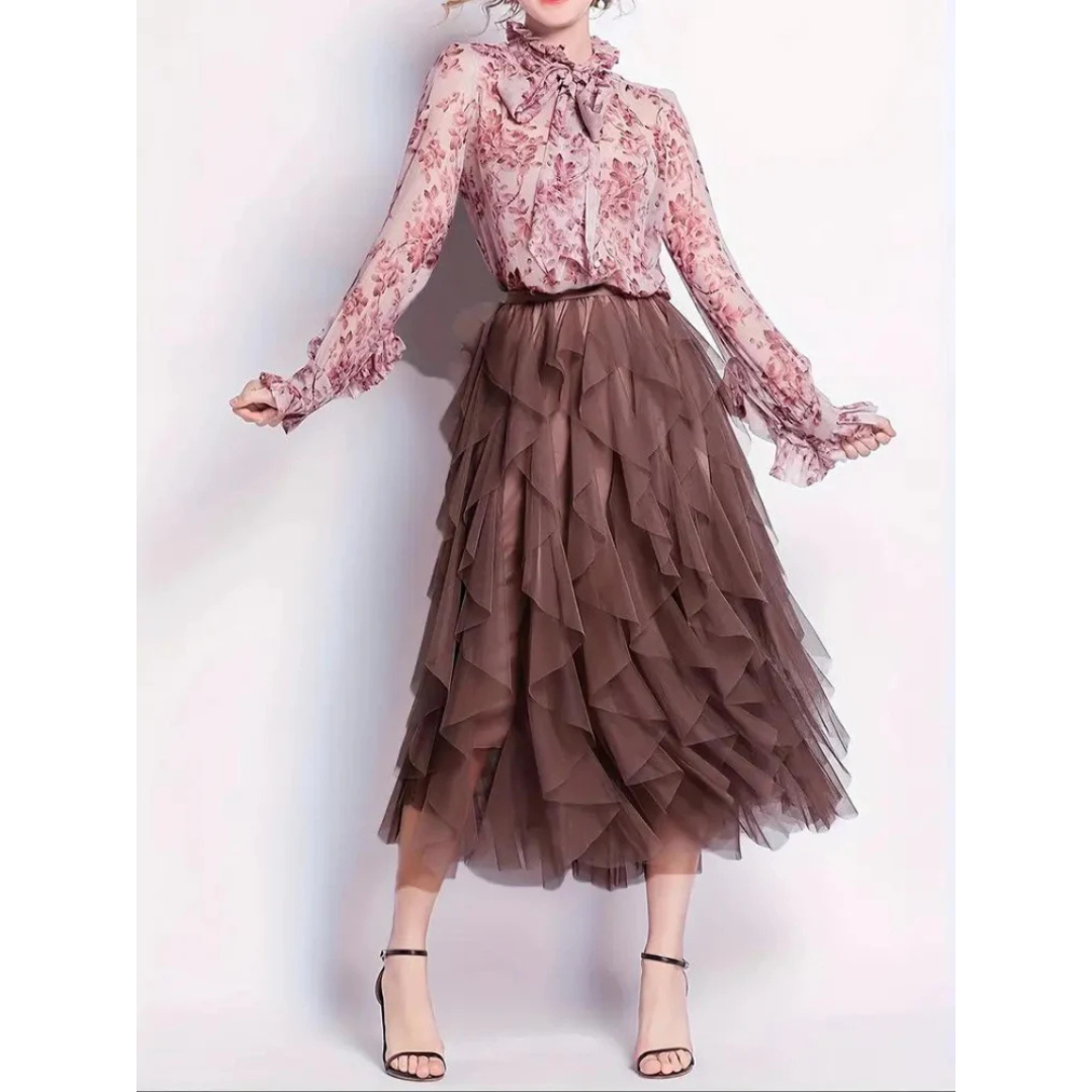 Brown high-waist ruffle tulle skirt with full layered ruffles