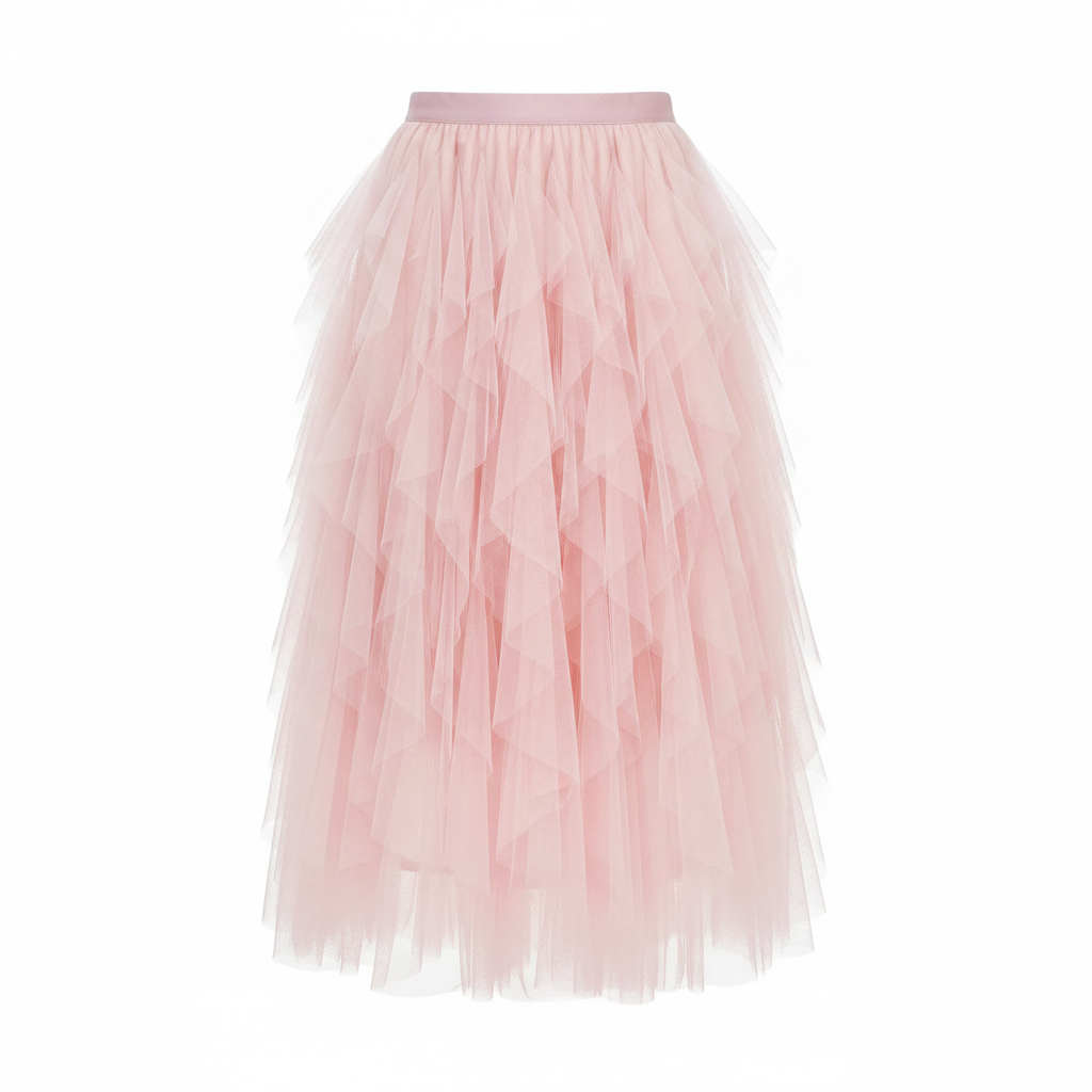 Women's pink high-waist ruffle tiered tulle skirt