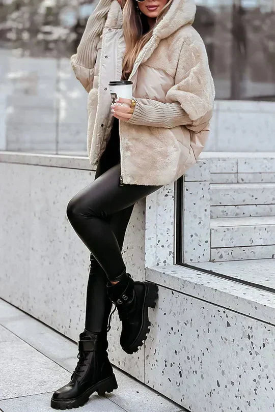 Women’s warm winter jacket in beige with hood and button-front design, knit cuffs