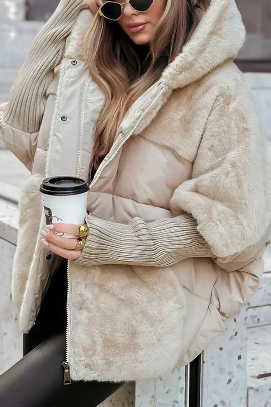 Women’s warm winter jacket in beige with faux-fur hood trim and full zipper, puffer style