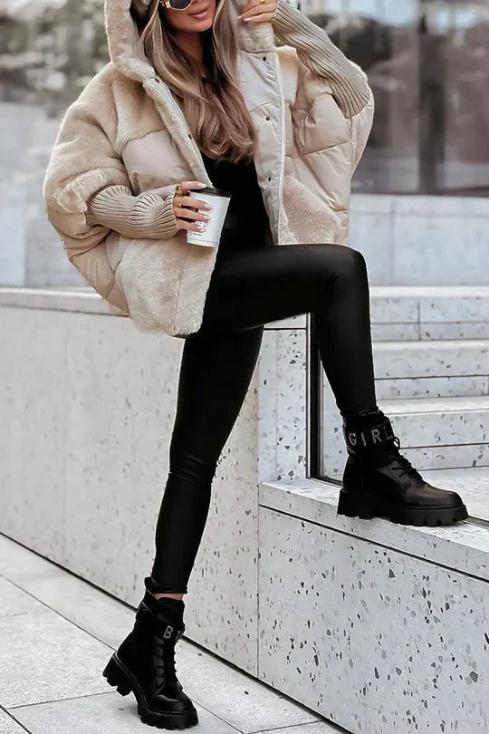 Women’s warm winter jacket in beige with hood, stand collar, and zip front puffer padding