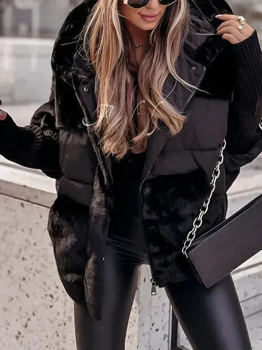 Women’s warm winter jacket in black with faux-fur hood trim and zip front, puffer with chain bag