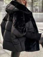 Women’s warm winter jacket in black with quilted puffer body and faux-fur hood lining