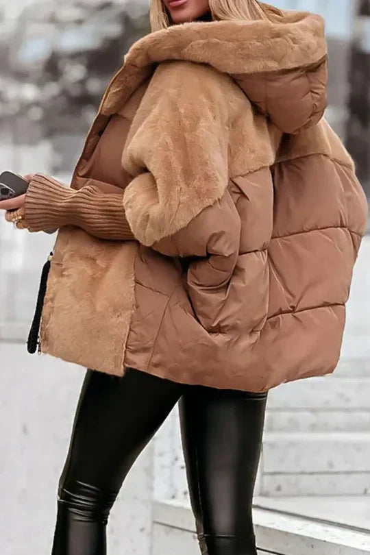 Women’s warm winter jacket in tan with hood and faux-fur collar trim, padded puffer design