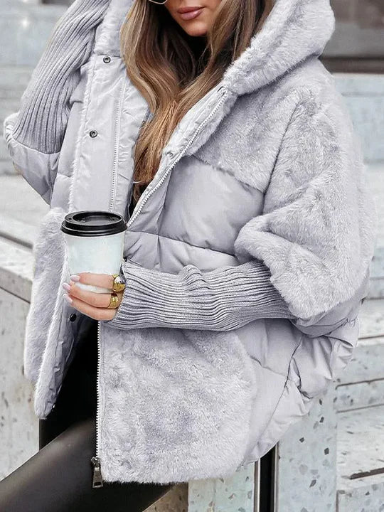 Women’s warm winter jacket in light grey with hood and faux-fur trim, zip front puffer