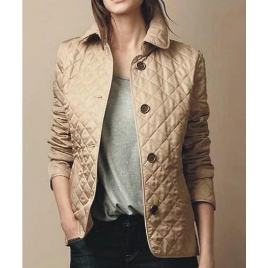 Women’s quilted jacket in khaki with diamond pattern, button front, and stand collar