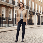 Women’s khaki diamond-quilted jacket with button front and long sleeves