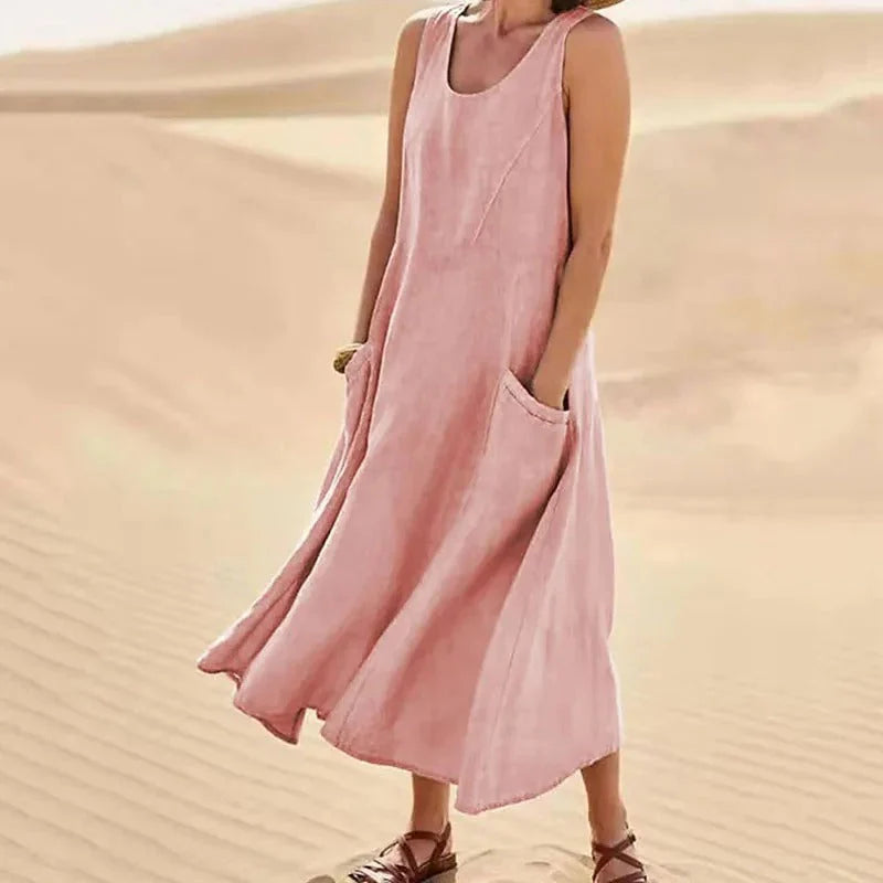 Sleeveless A-line maxi sundress with scoop neck and side pockets, pink