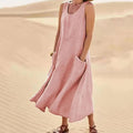 Sleeveless A-line maxi sundress with scoop neck and side pockets, pink