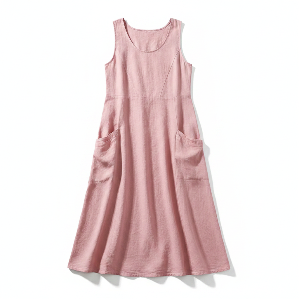 Pink sleeveless A-line maxi sundress with scoop neck and side pockets