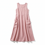 Pink sleeveless A-line maxi sundress with scoop neck and side pockets