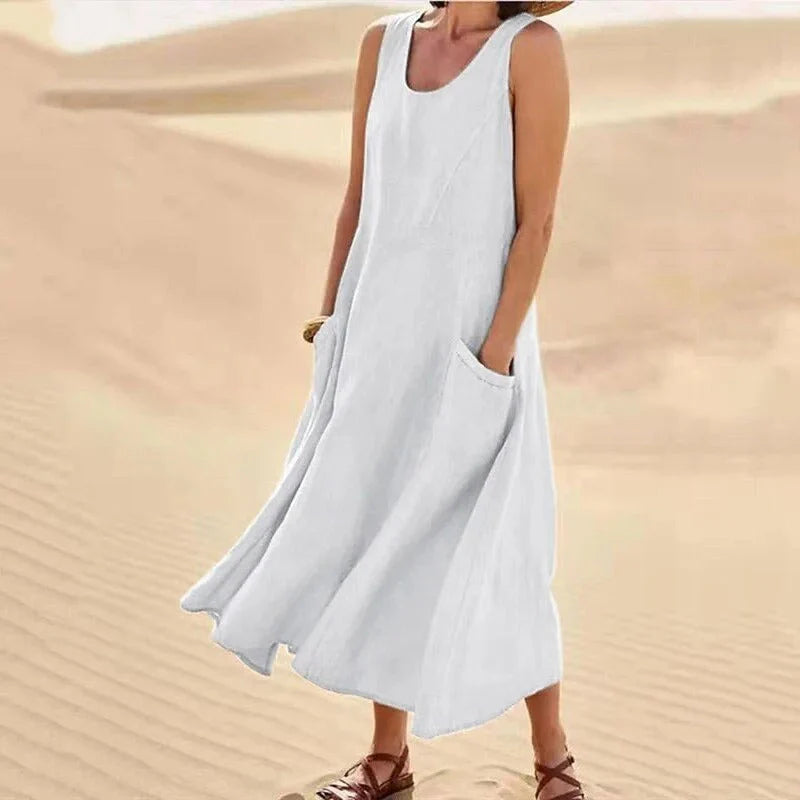 Sleeveless A-line maxi sundress with scoop neck and side pockets, white