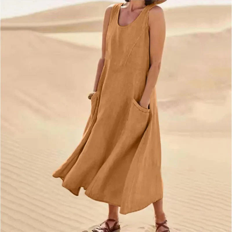 Sleeveless scoop-neck A-line maxi sundress, tan with side pockets