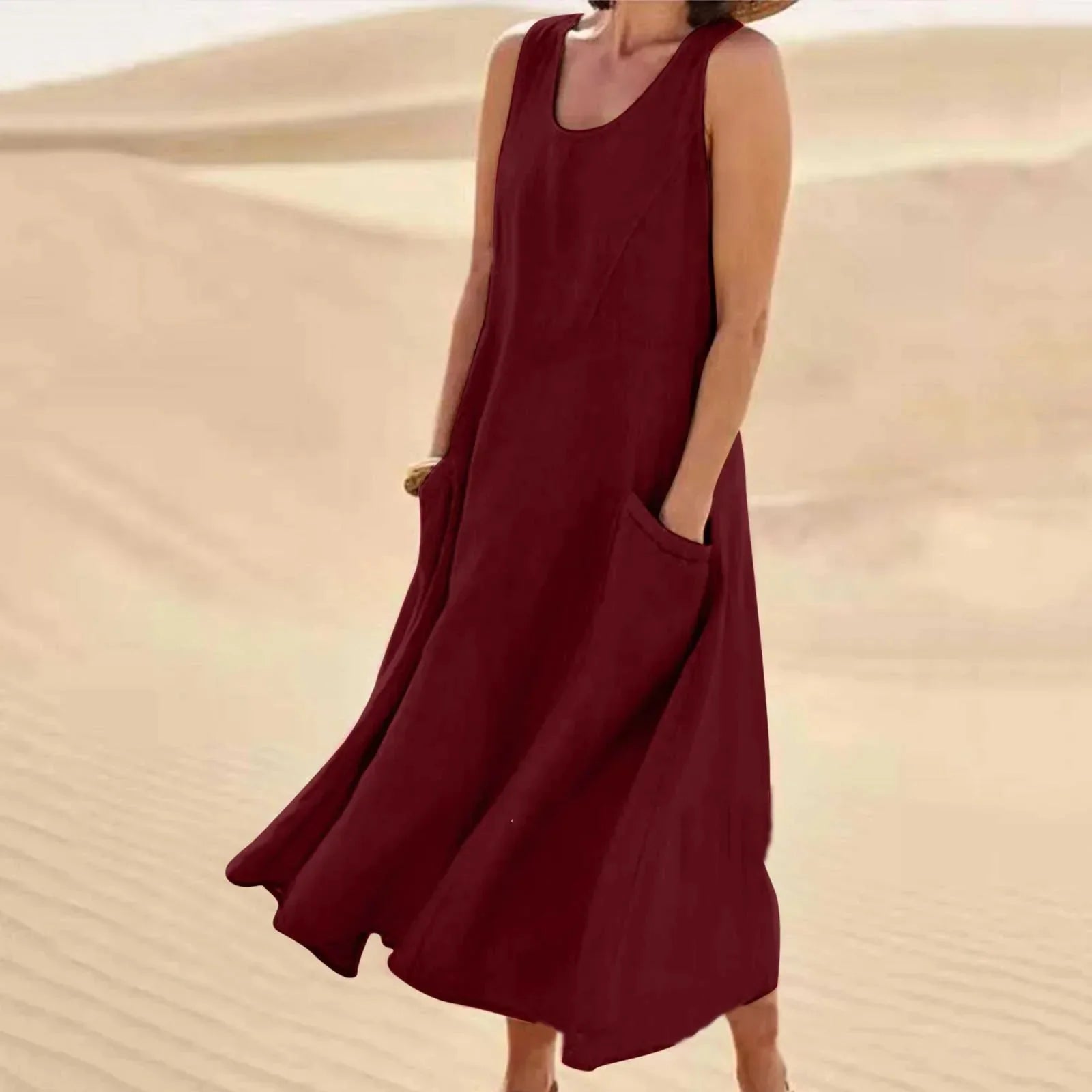 Sleeveless scoop-neck A-line maxi sundress, dark red with side pockets