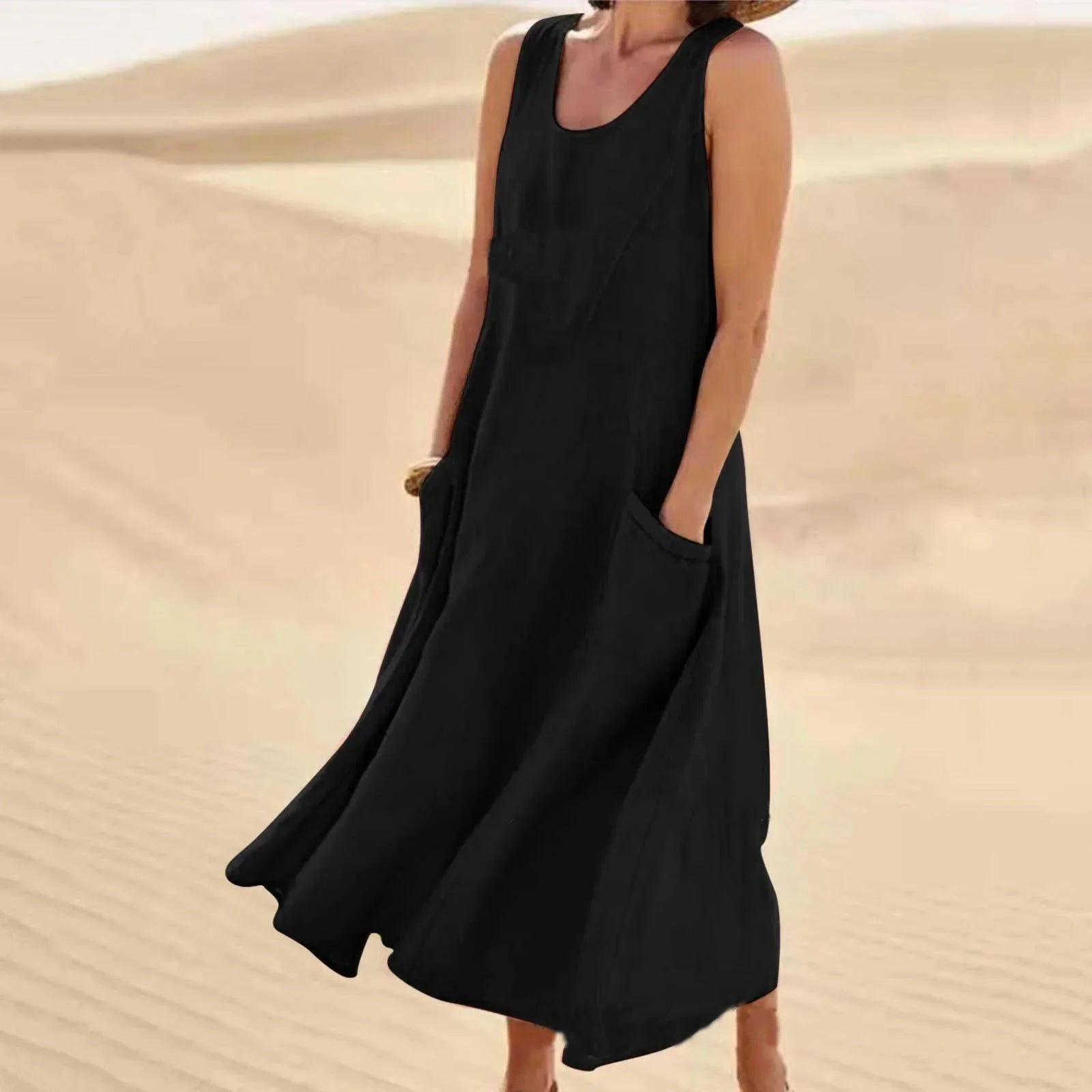 Sleeveless A-line maxi sundress with scoop neck and side pockets, black