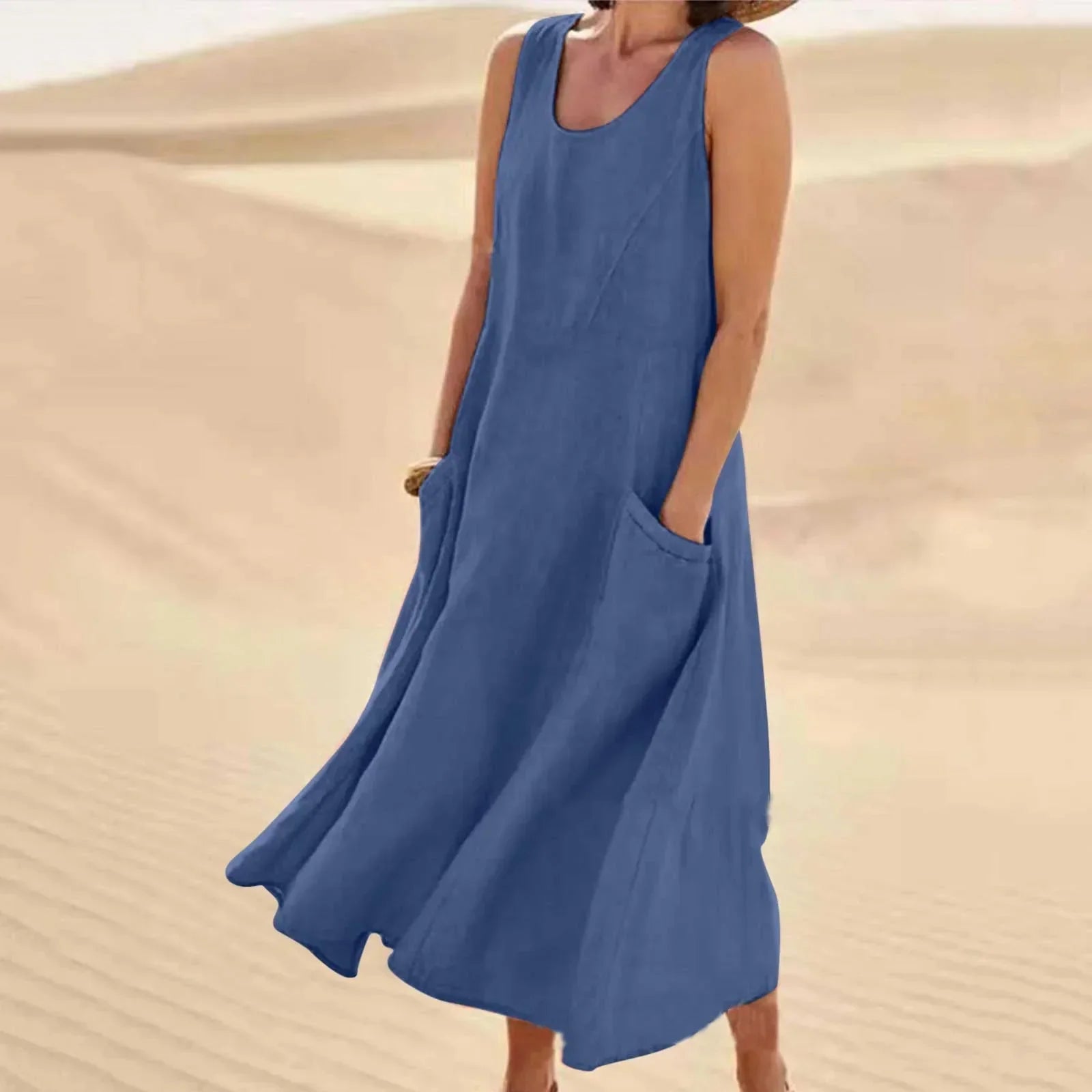 Sleeveless A-line maxi sundress with scoop neck and side pockets, blue