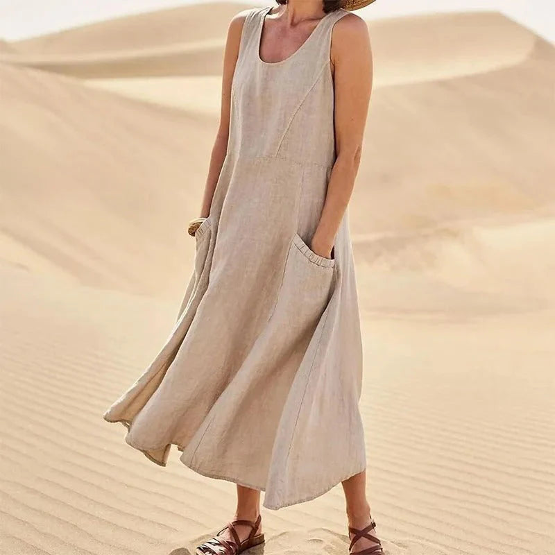 Sleeveless A-line maxi sundress with scoop neck and side pockets, beige