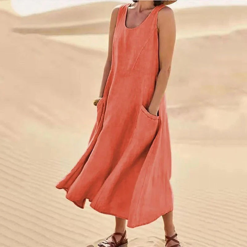 Sleeveless A-line maxi sundress with scoop neck and side pockets, coral orange