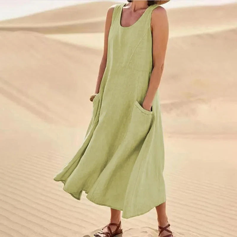 Sleeveless A-line maxi sundress with scoop neck and side pockets, sage green