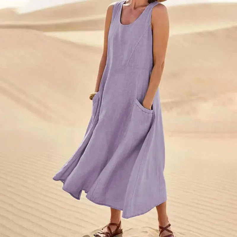 Sleeveless A-line maxi sundress with scoop neck and side pockets, lilac