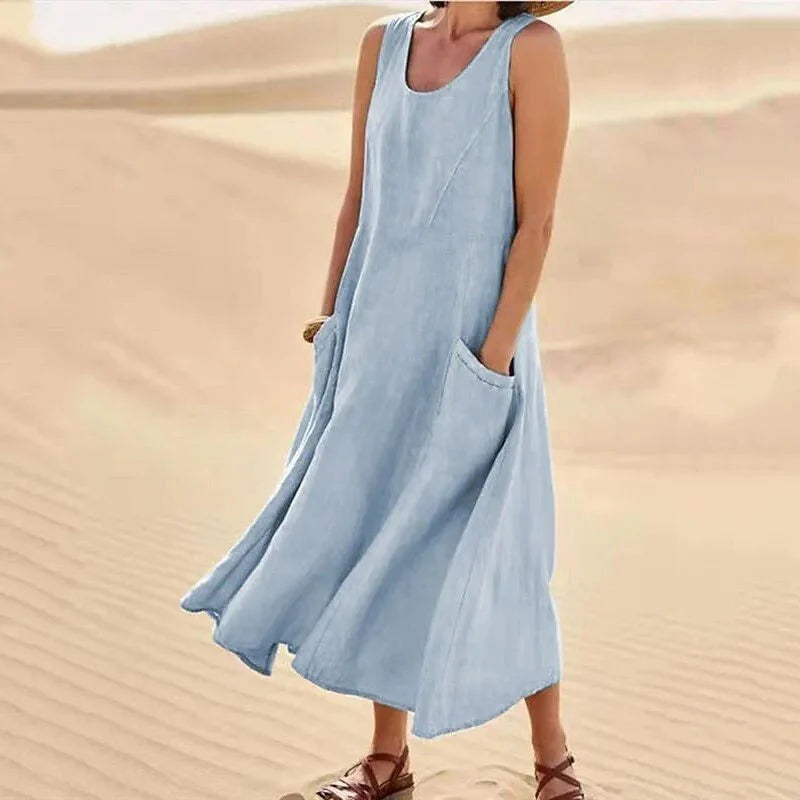 Sleeveless A-line maxi sundress with scoop neck and side pockets, light blue