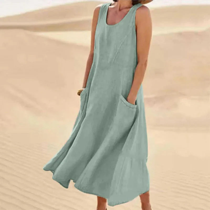Sleeveless A-line maxi sundress with scoop neck and side pockets, mint green