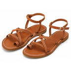 Brown flat open-toe sandals, crisscross toe straps with adjustable ankle buckle
