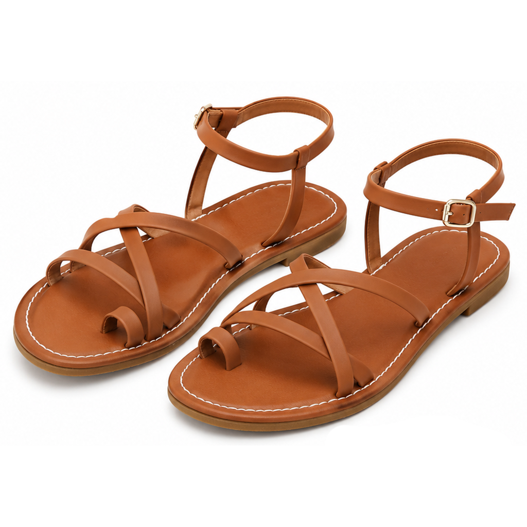 Brown flat open-toe sandals, crisscross toe straps with adjustable ankle buckle