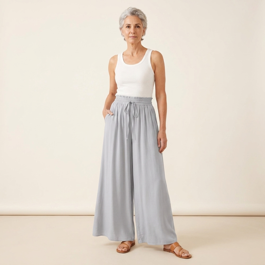High-waisted wide-leg trousers in light blue-gray with elastic waistband and drawstring