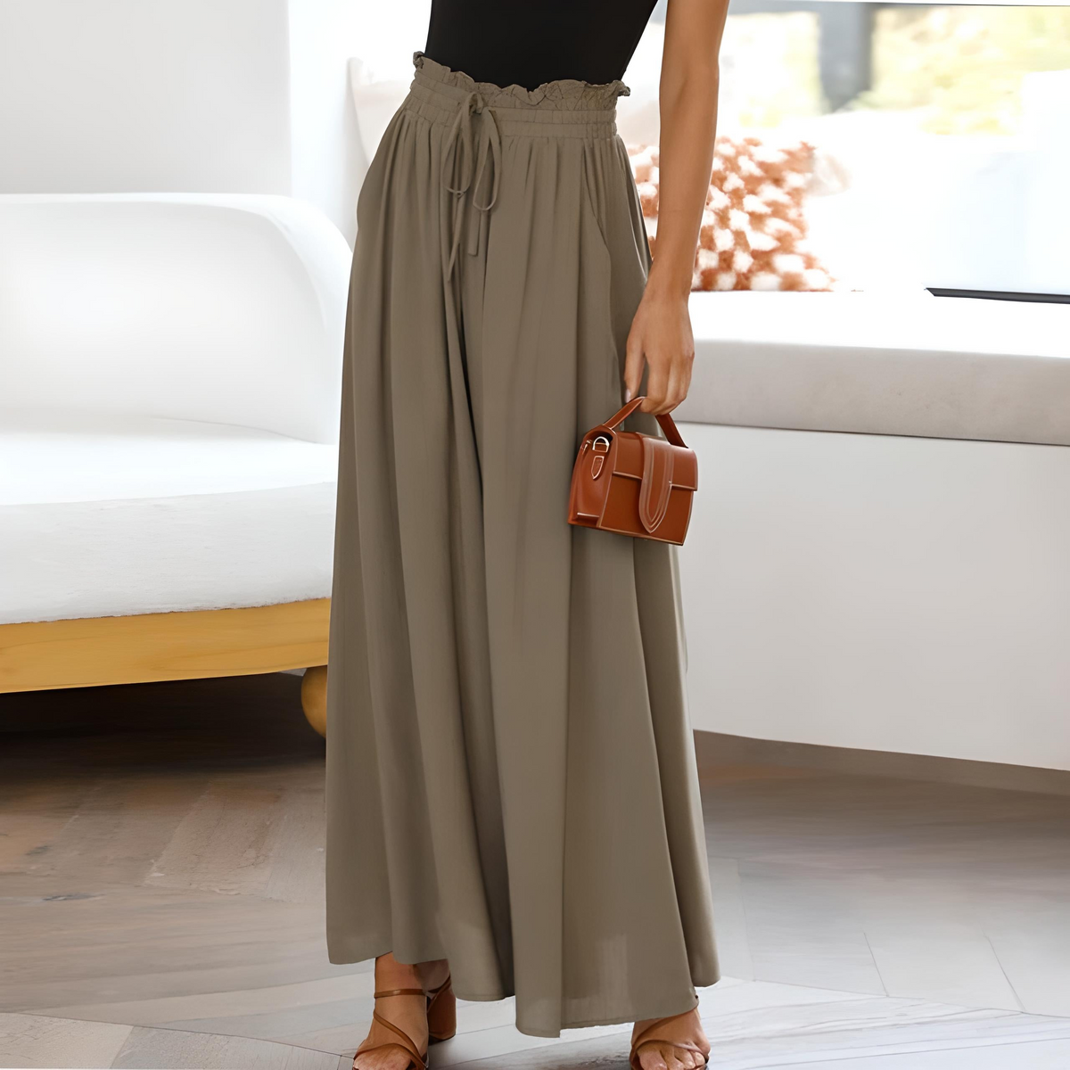 Olive high-waisted wide-leg trousers with elastic drawstring waist and relaxed full-length fit
