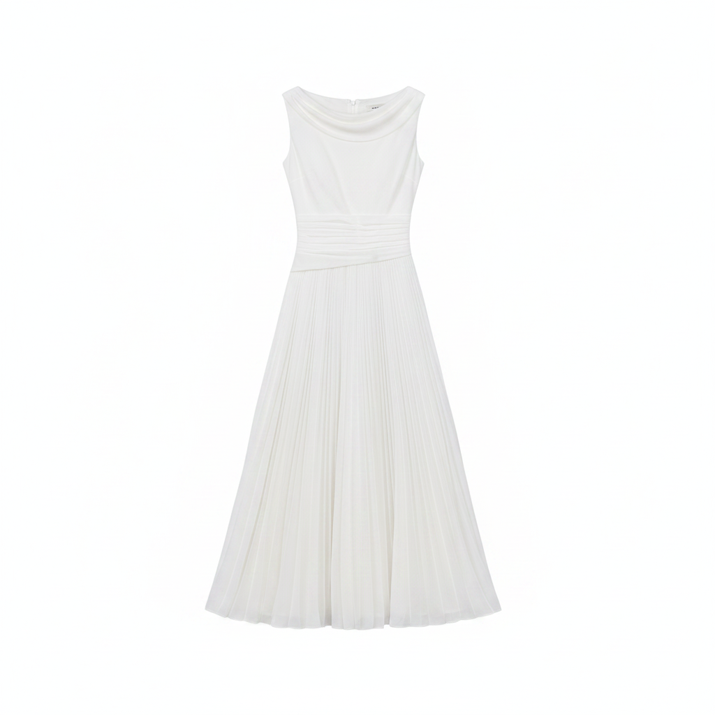 White sleeveless draped neck pleated A-line midi dress with fitted waist