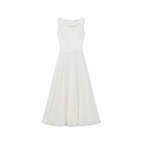 White sleeveless draped neck pleated A-line midi dress with fitted waist