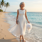 White sleeveless draped-neck pleated A-line midi dress, fitted waist