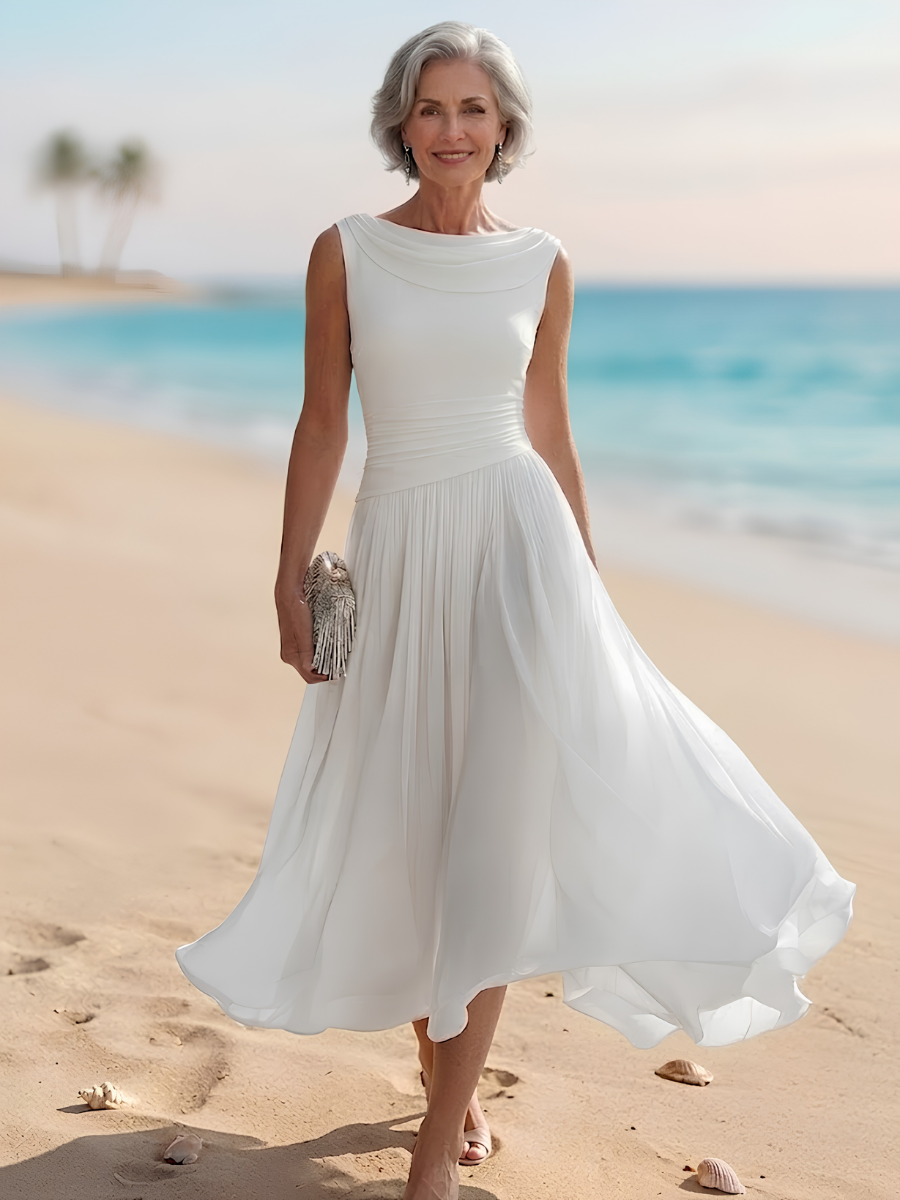White sleeveless pleated A-line midi dress with draped neckline and fitted waist