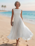 White sleeveless pleated A-line midi dress with draped neckline and fitted waist