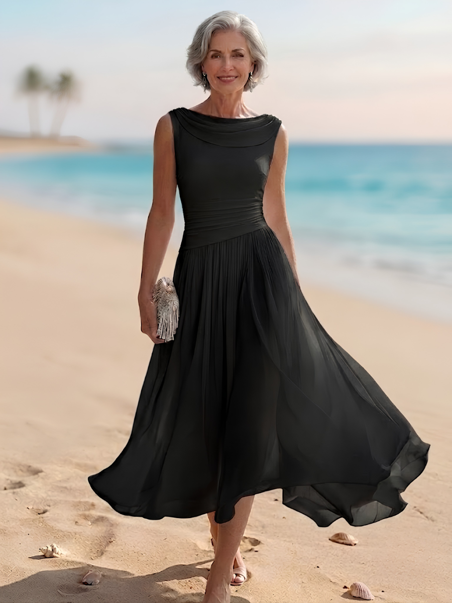 Black sleeveless midi A-line dress with draped neckline, pleated skirt