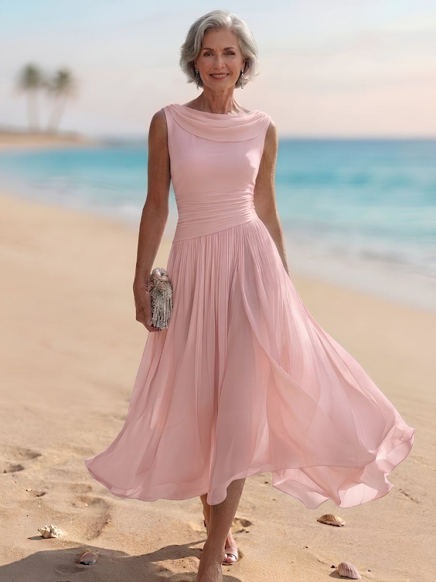 Blush pink sleeveless midi dress with draped neckline and pleated A-line skirt
