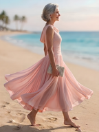 Pink sleeveless pleated A-line midi dress with draped neckline, side view